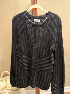 naadam | wool cashmere ribbed stripe cardigan black charcoal | size M